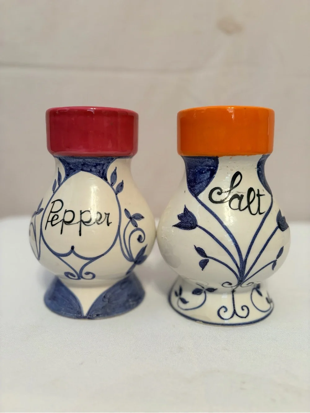Hand-Painted Ceramic Salt and Pepper Shakers - Red & Orange Tops